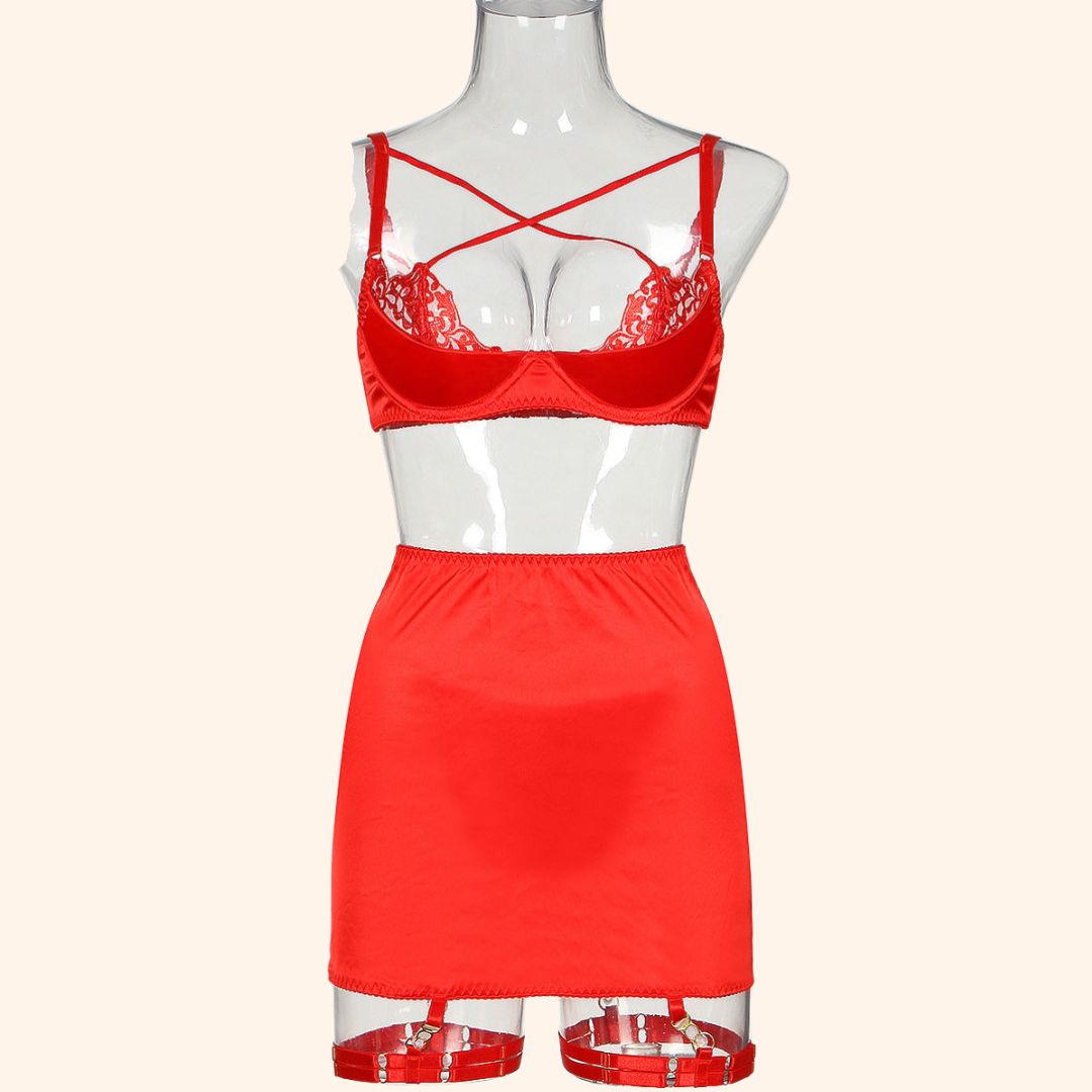 Red Mesh Lace Lingerie Skirt Set