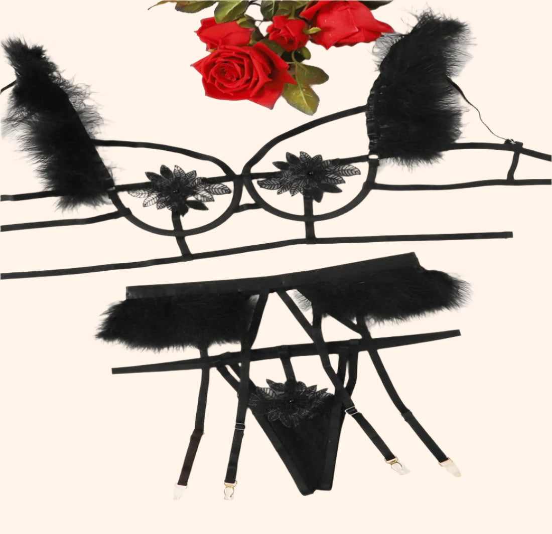 Feather Trim Lingerie Set – Strappy Black Delight