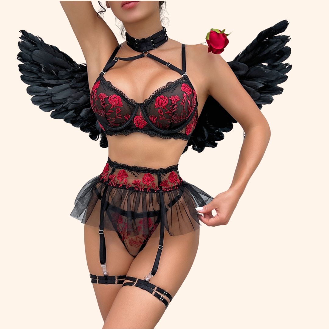Elegant Rose Embroidered 4-Piece Lingerie Set