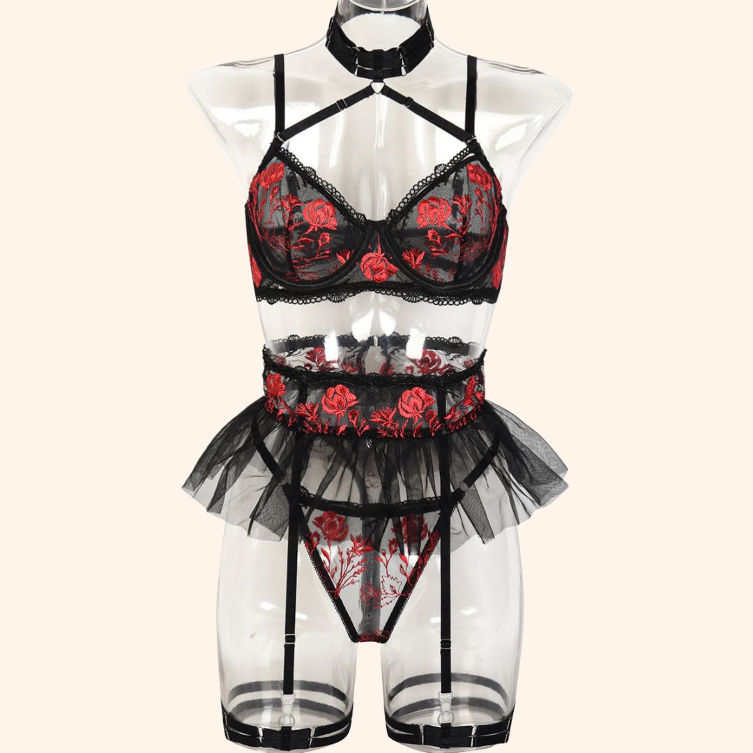 Elegant Rose Embroidered 4-Piece Lingerie Set