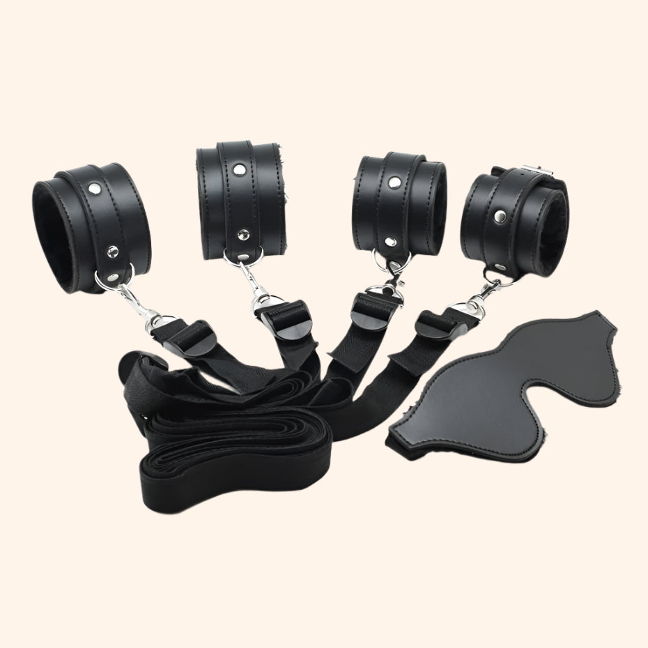 Under Bed Restraint System with Cuffs & Blindfold – Adjustable Bondage Set