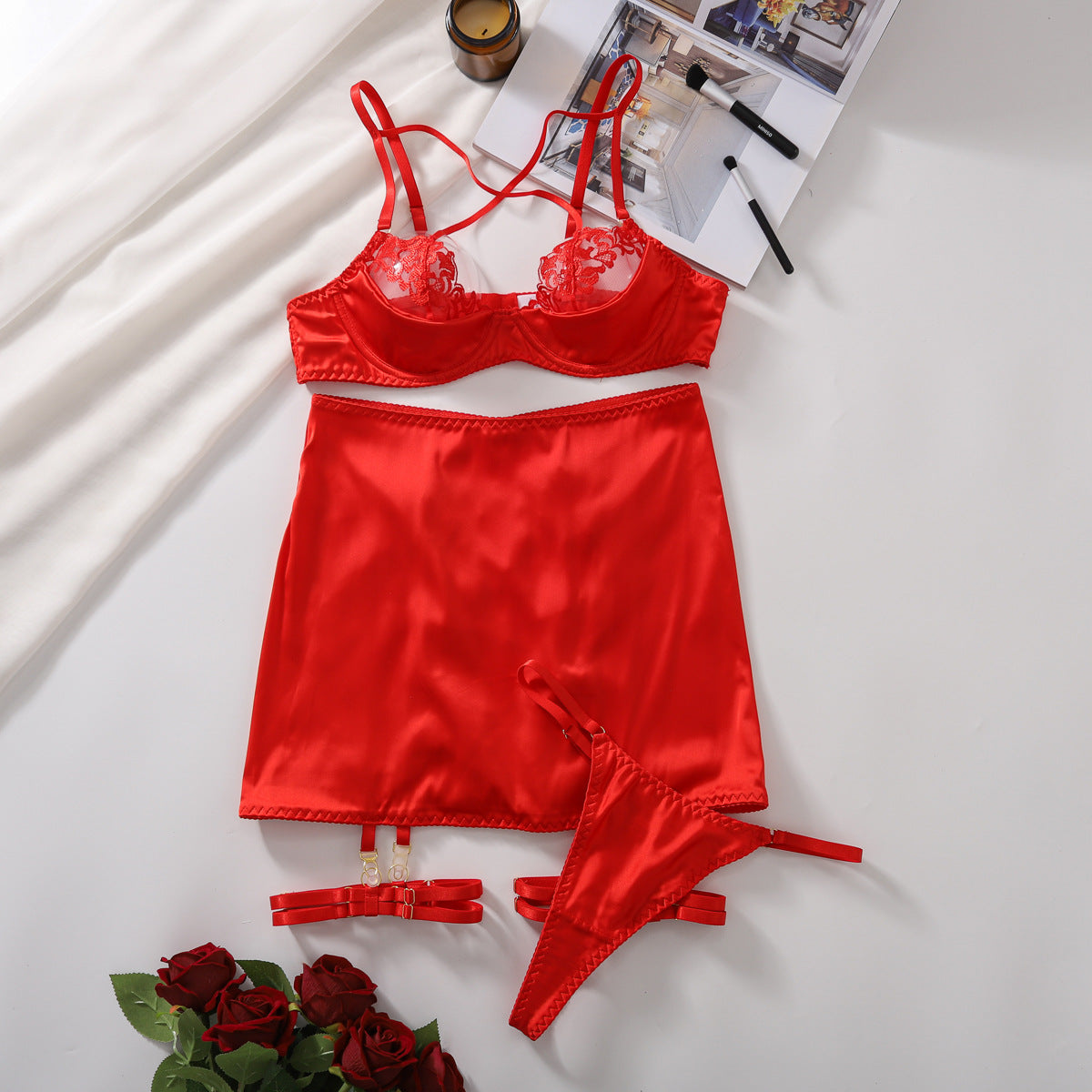 Red Mesh Lace Lingerie Skirt Set