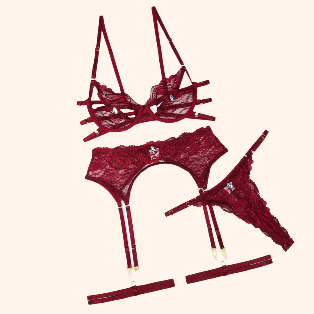 Velvet Flames Lace Three-Piece Lingerie Set