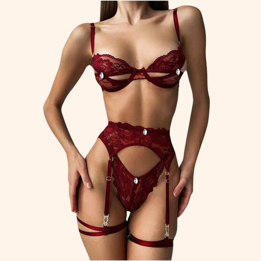 Velvet Flames Lace Three-Piece Lingerie Set