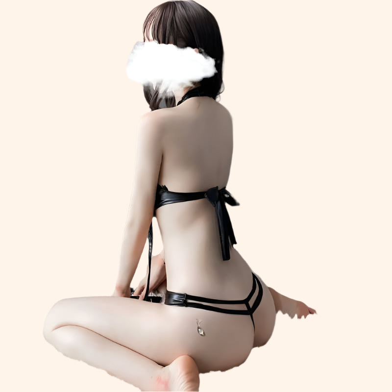 Strappy Faux Leather Lingerie Set – Leash and Collar Detail
