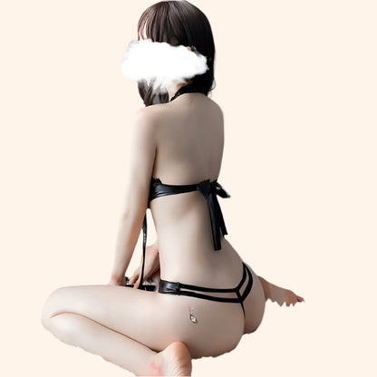 Strappy Faux Leather Lingerie Set – Leash and Collar Detail