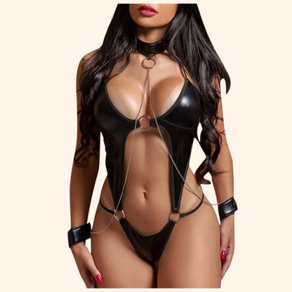 Leather Bondage Teddy – Chain Detail Lingerie Set