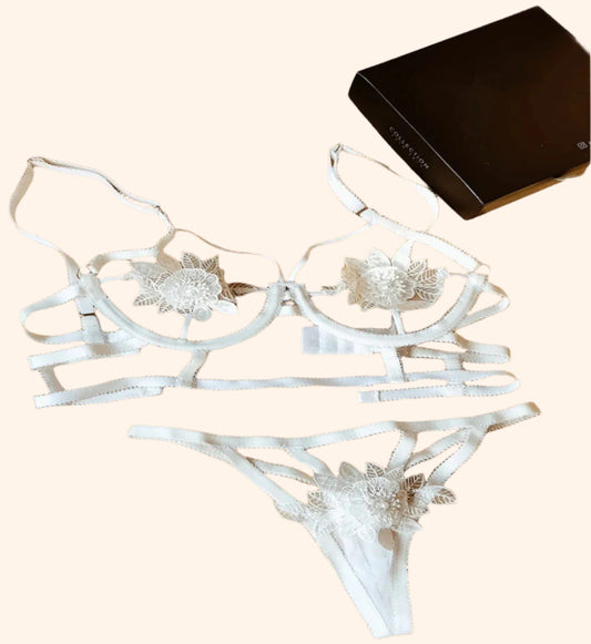 Feather Trim Lingerie Set – Strappy Black Delight
