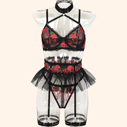 Elegant Rose Embroidered 4-Piece Lingerie Set