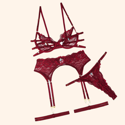 Velvet Flames Lace Three-Piece Lingerie Set